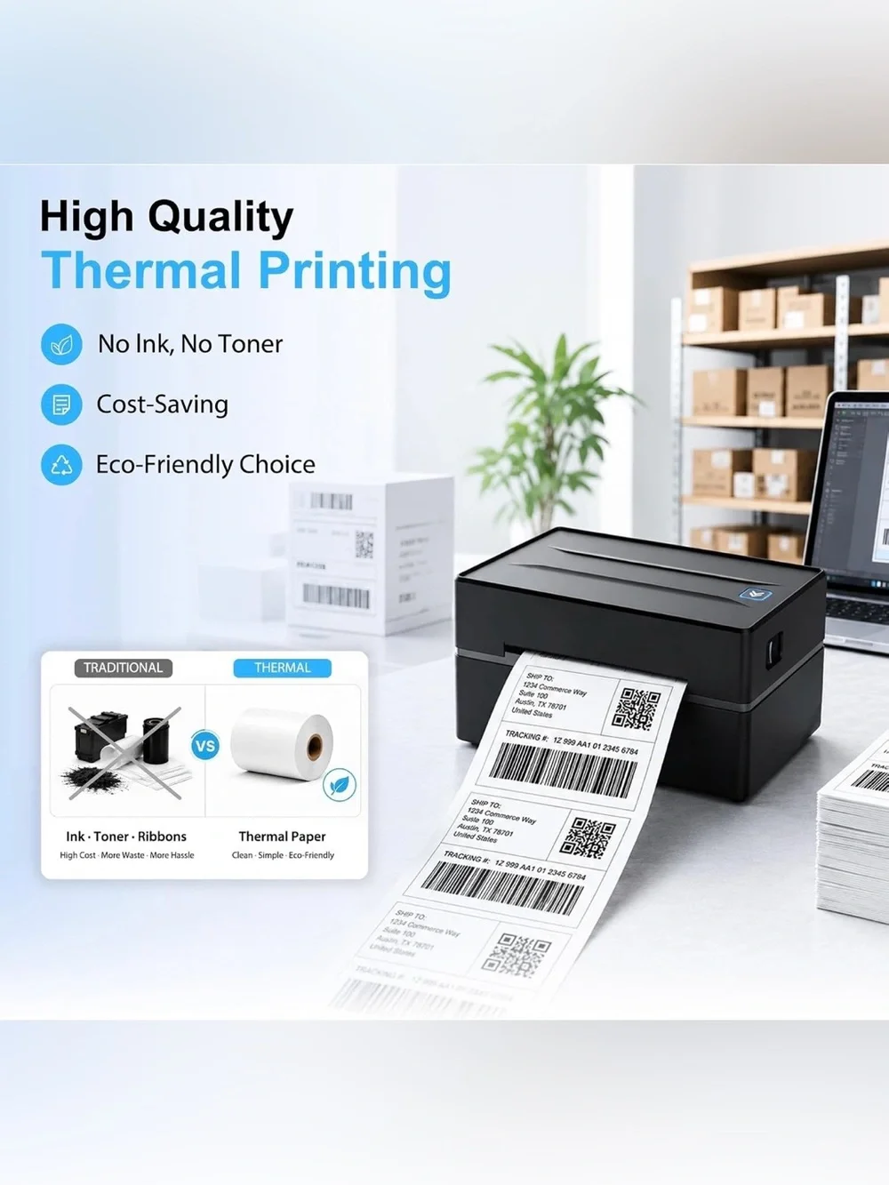Compact Black Thermal Label Printer for Home Office and Shipping